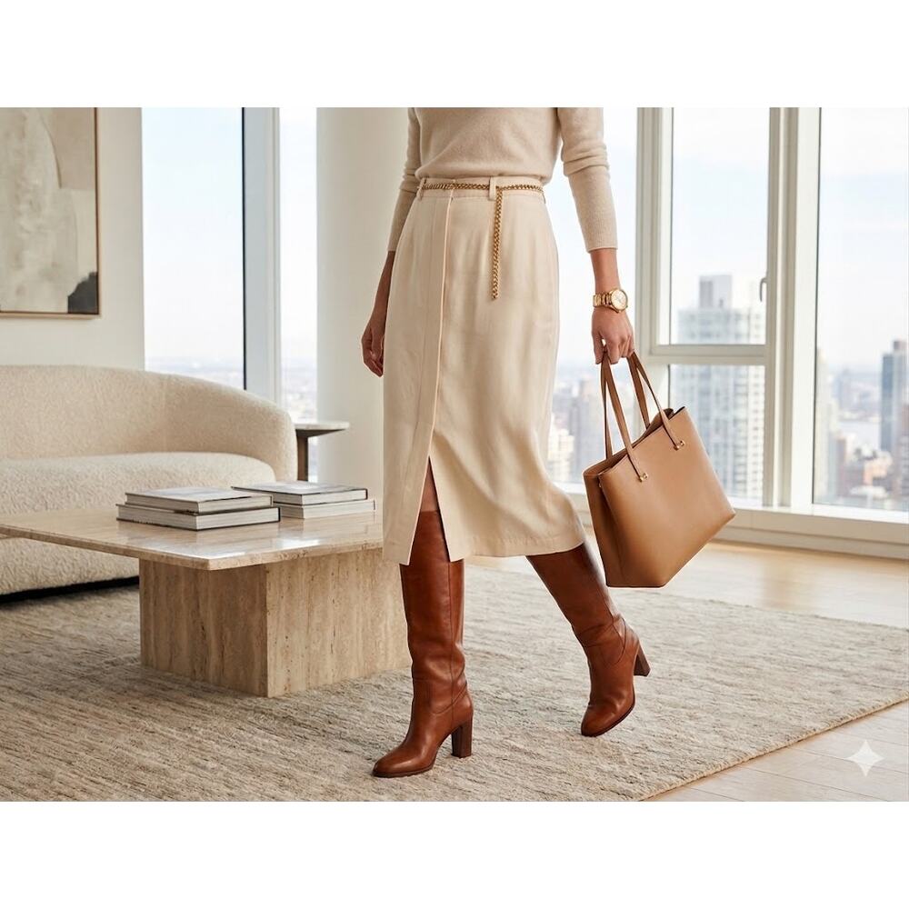 New York Studio Vintage 100% Silk Cream Midi Pencil Skirt Button Pockets Small